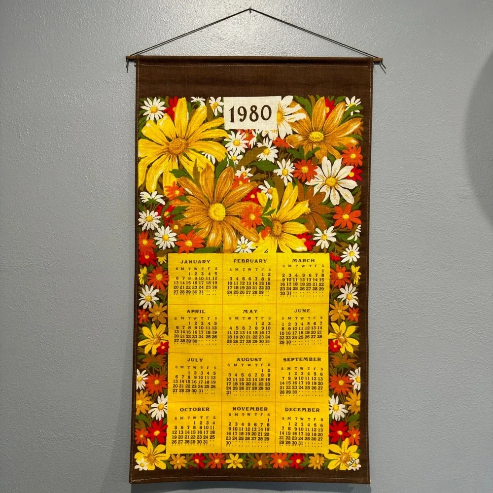 Vintage 1980 Linen Calendar Wall Hanging Towel Floral Daisy Valli Brown Yellow